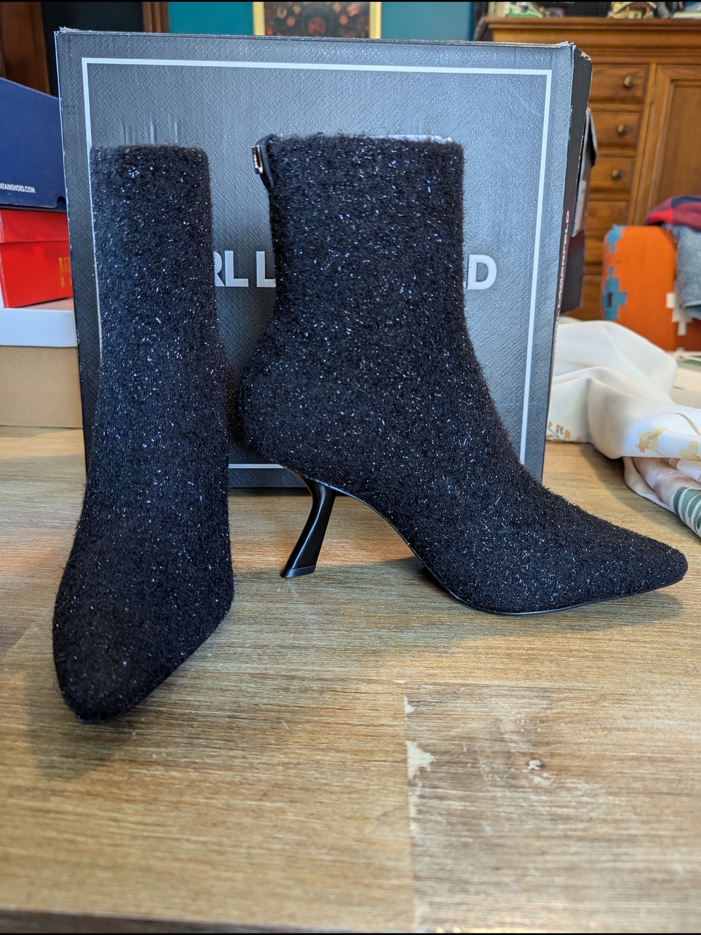 Karl Lagerfeld Black Sparkle Pointed Ankle Boots